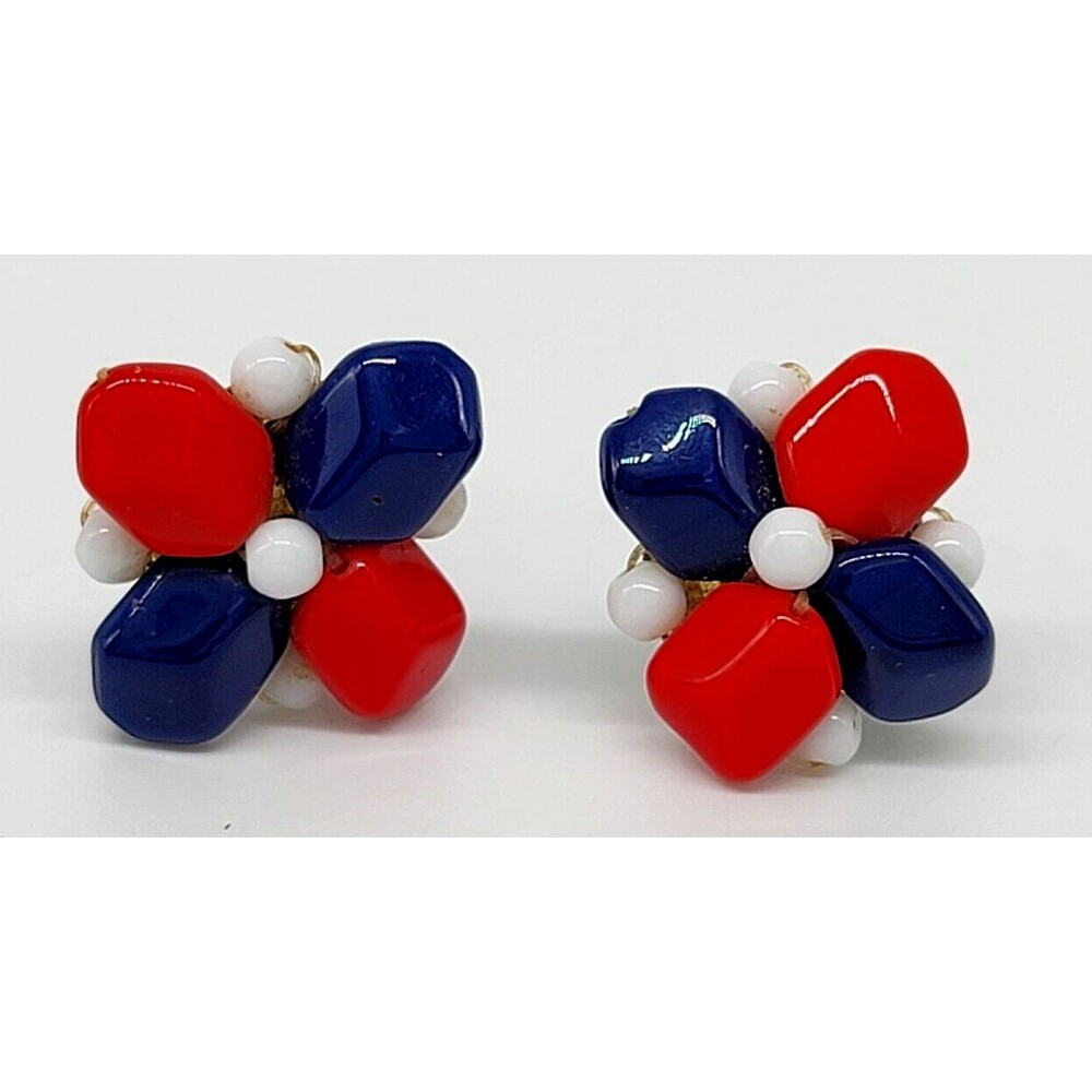 Vintage Flower Cluster Clip On Earrings Red White Blue Lucite Beaded Gold Tone